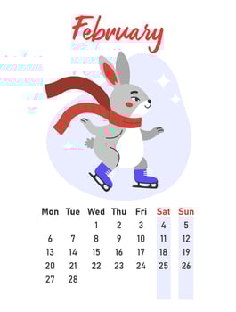 February 2023 calendar. The hare with a scarf is skating in winter. Flat vector illustration.