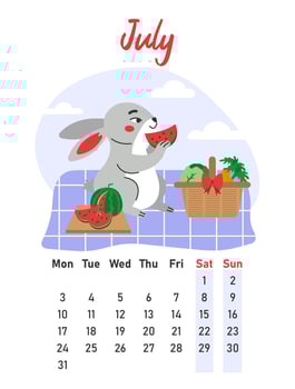 July 2023 calendar. The hare eats a watermelon on a picnic. Flat vector illustration.