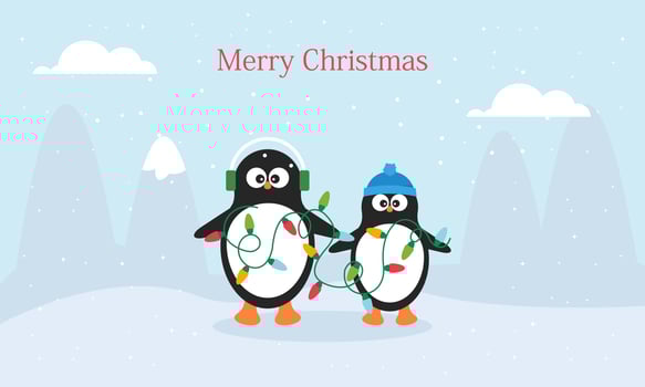 Merry christmas card with cute winter penguins vector illustration