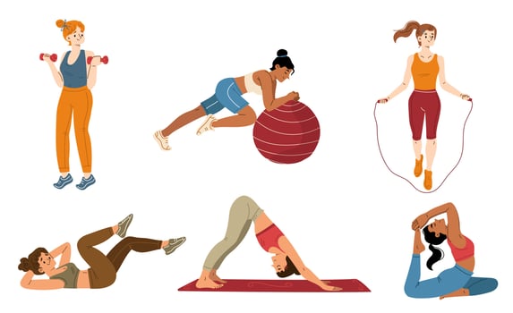 Young women exercising, flat illustration set vector