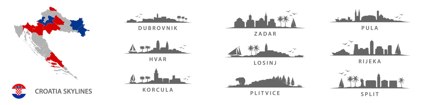Collection of croatian skylines, big cities in Croatia, eastern europe. Dubrovnik, Zadar, Pula, Hvar, Losinj, Rijeka, Korcula, Plitvice, Split. vector