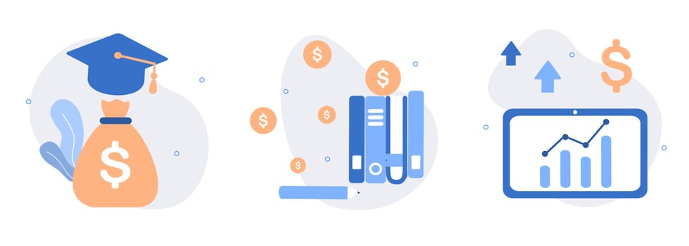 Financial education illustration set. investing money in education, self development, and knowledge. Personal finance management and financial literacy concept. Flat web vector illustration.
