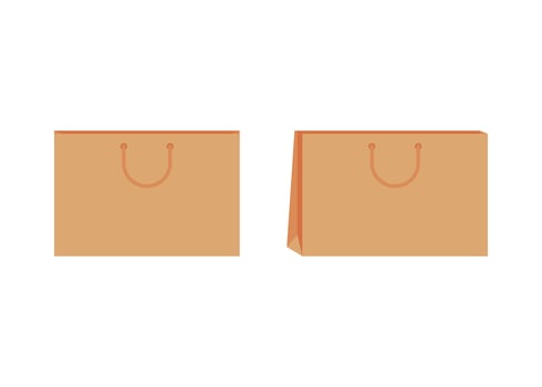 Paper bag with handle template of shopping. Brown craft paper pack for gift, food, item. Take Away, delivery service in eco bag. Mockups front and half turn. Vector illustration