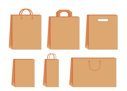 Paper bag with handle template of shopping set. Brown craft paper pack for gift, food, item. Shop, supermarket packets, retail packaging. Take Away, delivery in eco bag. Mockups front view. Vector