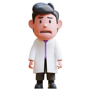 3d rendering of cute scientist character illustration expression sad, upset, lost, weak png