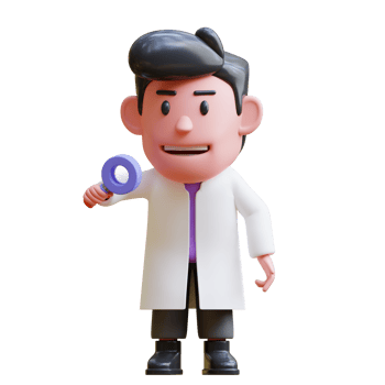 3d rendering of cute scientist character illustration looking for something with a magnifying glass, research png
