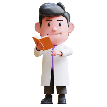 3d rendering of cute scientist character illustration reading a book png