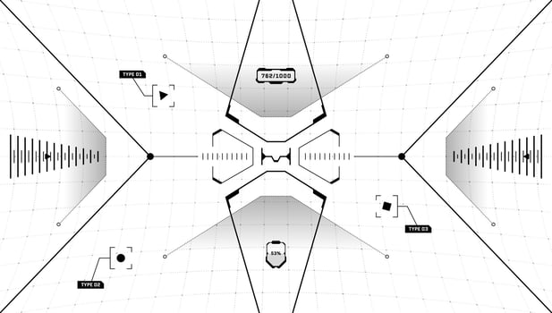 VR HUD digital futuristic interface cyberpunk screen. Sci-fi virtual reality technology head up display target. GUI UI technology black and white spaceship dashboard panel. FUI viewfinder vector visor