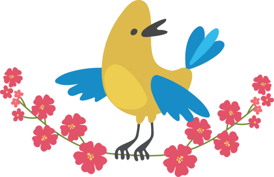 Yellow bird sits on a branch with red flowers png