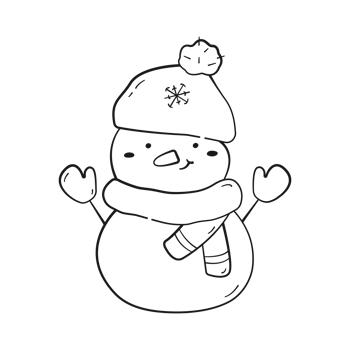 Smiling cute snowman with scarf, mittens and hat. Christmas character in black linear drawing style. Png on transparent background