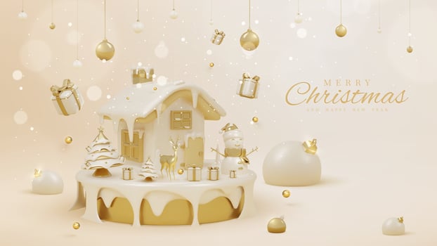 Luxury background with 3d realistic christmas ornaments on gold podium and sparkling light effect with bokeh decorations and snow. Vector illustration.