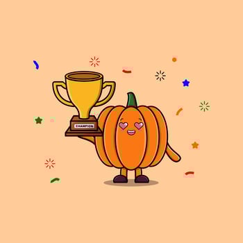 Cute Cartoon character Pumpkin is holding trophy vector