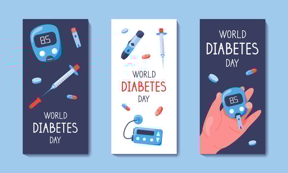 World diabetes day vertical banner template. Hand drawn vector illustration for awareness about mellitus.