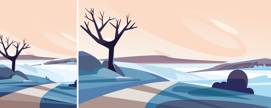 Winter landscape with road to the lake. Natural scenery in different formats. vector