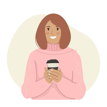 Young girl holding a paper cup of Coffee. Vector illustration in cartoon style isolated on white background.