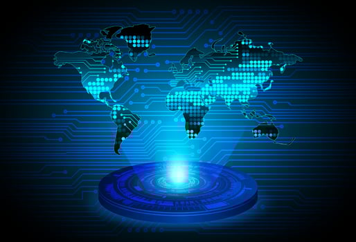 Modern Globe World Map Holographic Projector on Technology Background vector