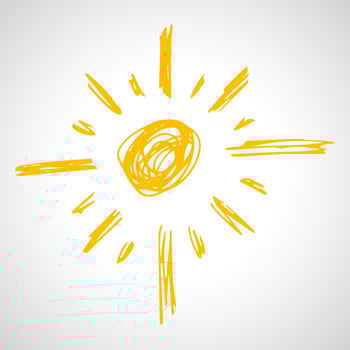 Hand drawn sun. Simple sketch sun. Solar symbol. Yellow doodle isolated on white background. Vector illustration.