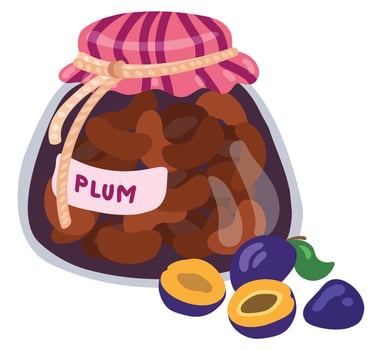 Plum jam in a jar with the inscription. Hand drawn vector illustration. Suitable for website, stickers, gift cards.