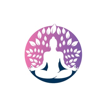 Green leaves surrounding young woman in yoga pose, vector logo template.