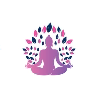 Green leaves surrounding young woman in yoga pose, vector logo template.