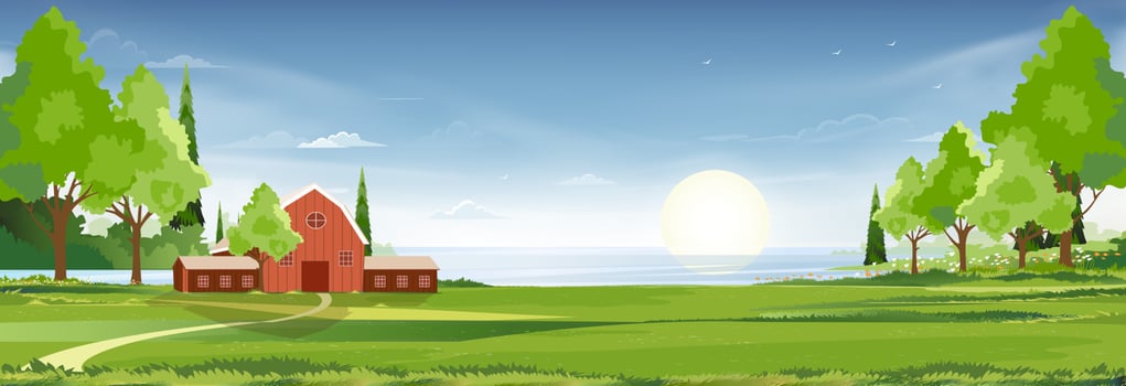 Spring landscape at village by the lake with green fields,mountain, blue sky and clouds, Vector nature cartoon scenery Summertime,Panoramic rural countryside by river with clear sky in morning