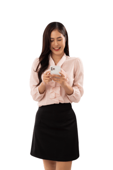 Portrait of a smiling asian woman using smartphone cutout, Png file