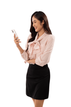 Portrait of a smiling asian woman using smartphone cutout, Png file
