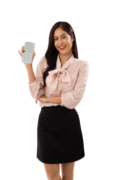 Portrait of a smiling asian woman using smartphone cutout, Png file