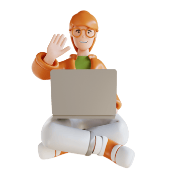 3D illustration business woman sitting holding laptop and raising hand png