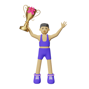 cartoon character athlete man holds gold champion cup isolated. 3d render illustration png