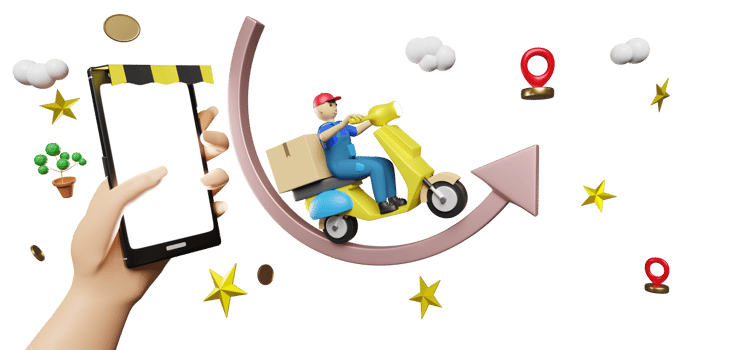 hand holding mobile smart phone, online delivery or order tracking concept, scooter driver with goods box and pin in blue. Fast package shipping with cell phone, 3d illustration or 3d render png