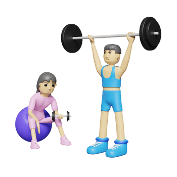 cartoon character fitness man doing deadlifting barbells overhead with woman lifting dumbbell in gym. 3d illustration or 3d render png
