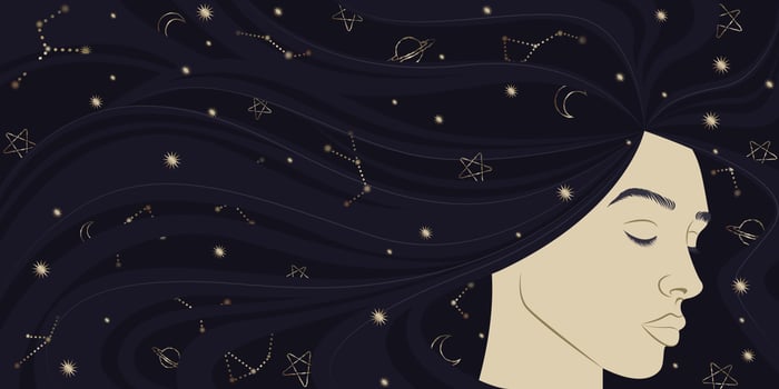 Sleeping woman. Night sky in your hair. Stoke vector illustration.