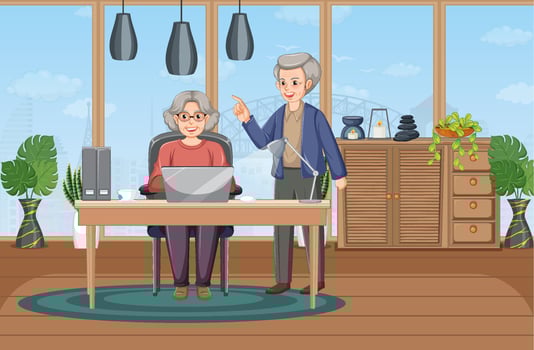 Senior couple using laptop at home vector
