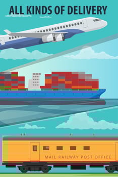 Air cargo, marine shipping, rail freight transport vector