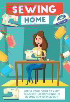 Woman sewing with machine banner for needlework vector