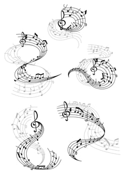 Vector music notes staff waves