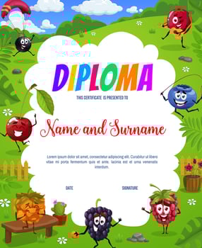 Kids diploma cartoon cheerful berry on green field vector