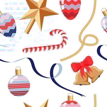 Christmas tree decoration seamless pattern on white background. New year ornament in cartoon flat style. Vector illustration.