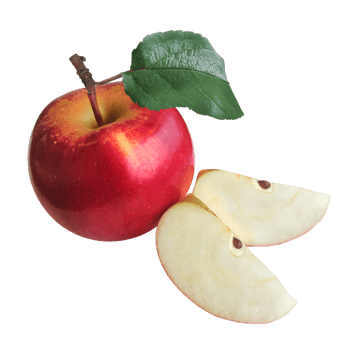 Image of an apple with a green leaf and slices. png