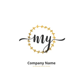 MY Initial handwriting and signature logo design with circle. Beautiful design handwritten logo for fashion, team, wedding, luxury logo. vector