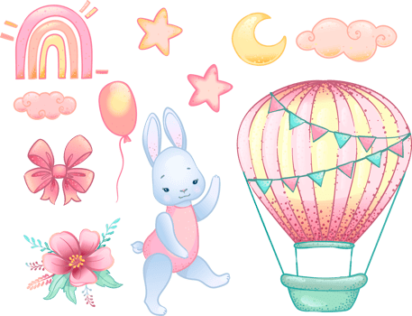 hand drawn baby shower collection for girl with cute bunny, moon, cloud, rainbow, star for nursery decoration png