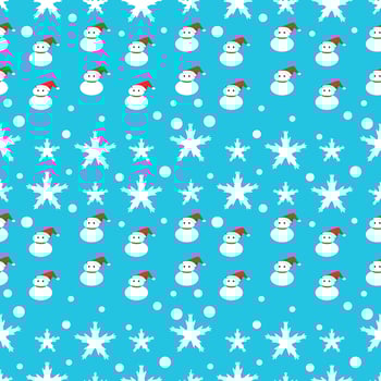 Christmas seamless pattern with snowman, snow and snowflakes on blue background. vector