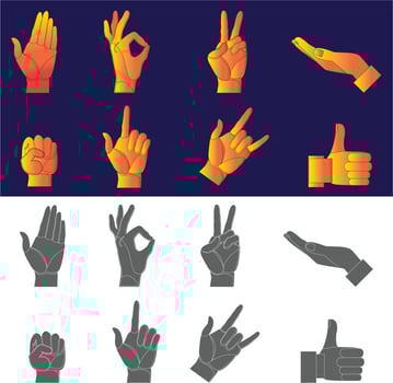 Hands poses. Female hand holding and pointing gestures, fingers crossed, fist, peace and thumb up. Cartoon human palms and wrist vector set.
