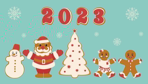 Festive cookies in the shape of a snowman, Santa, Christmas tree and gingerbread men. Merry Christmas decoration.New Year and Christmas celebration vector