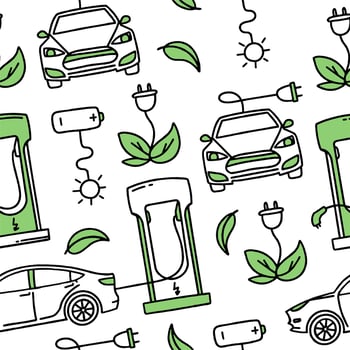 Seamless pattern Electric car. Electric refueling. Co2 climate change concept green energy.  Vector isolated doodle