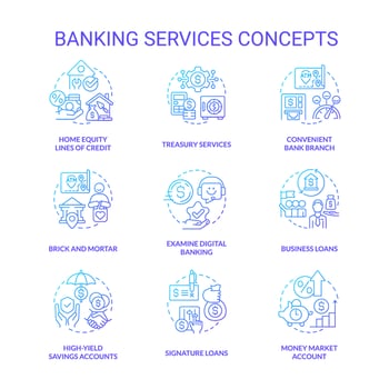 Banking services blue gradient concept icons set. Financial operations system. Money protection idea thin line color illustrations. Isolated symbols. vector