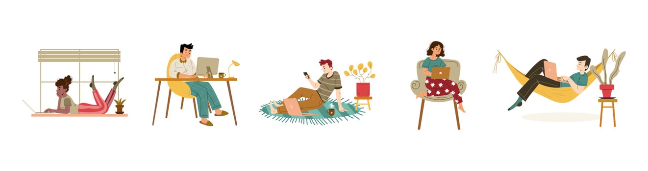 People using laptop, mobile phone and computer vector