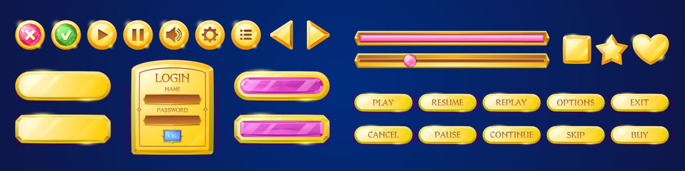 Set of golden buttons for user interface design vector
