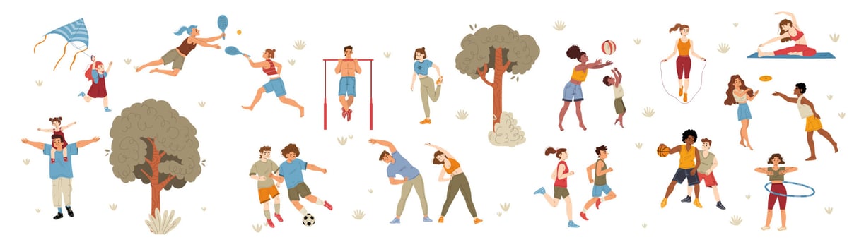 People enjoying outdoor activities, cartoon set vector